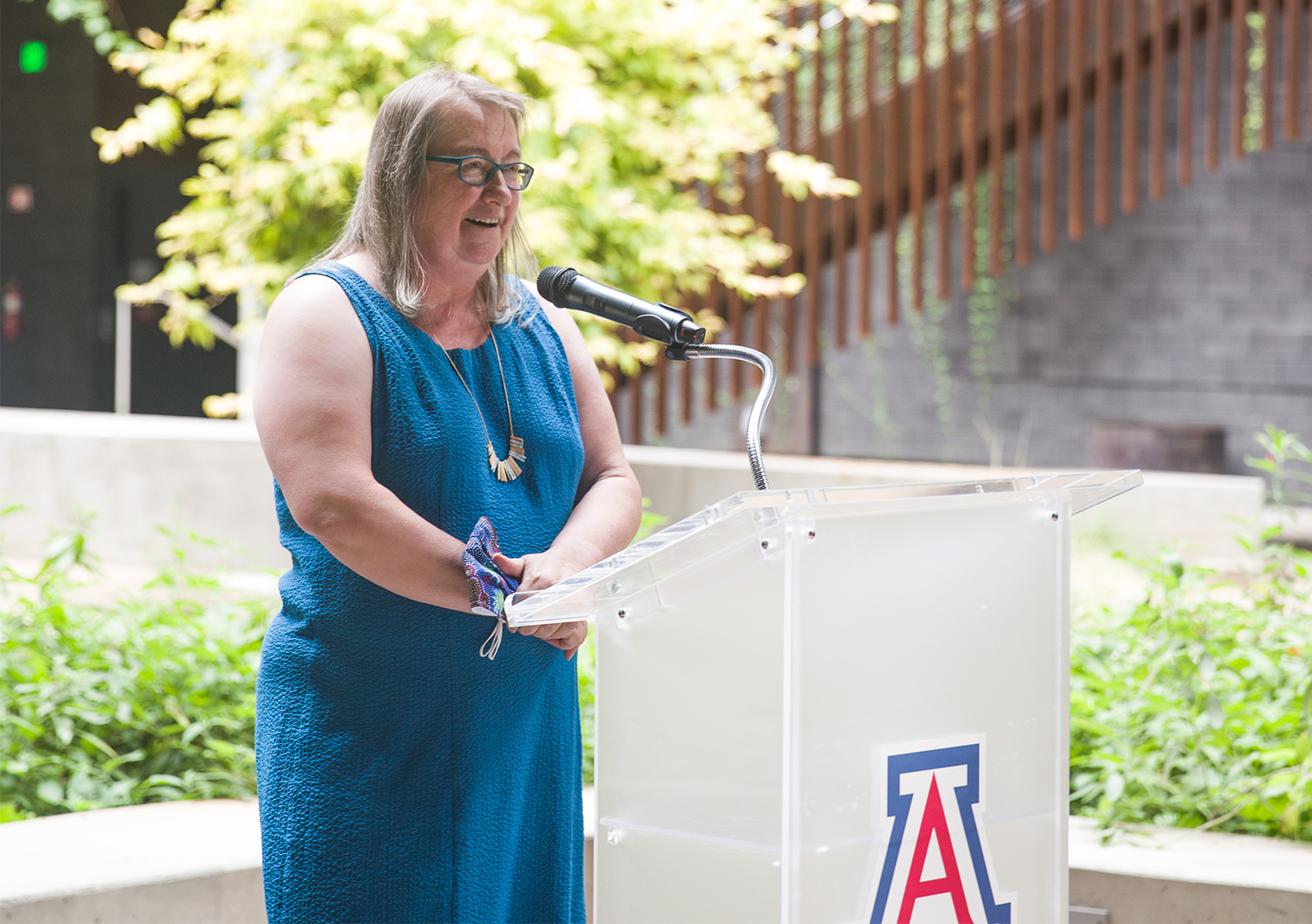 Diana Liverman speaking at podium in ENR2 building